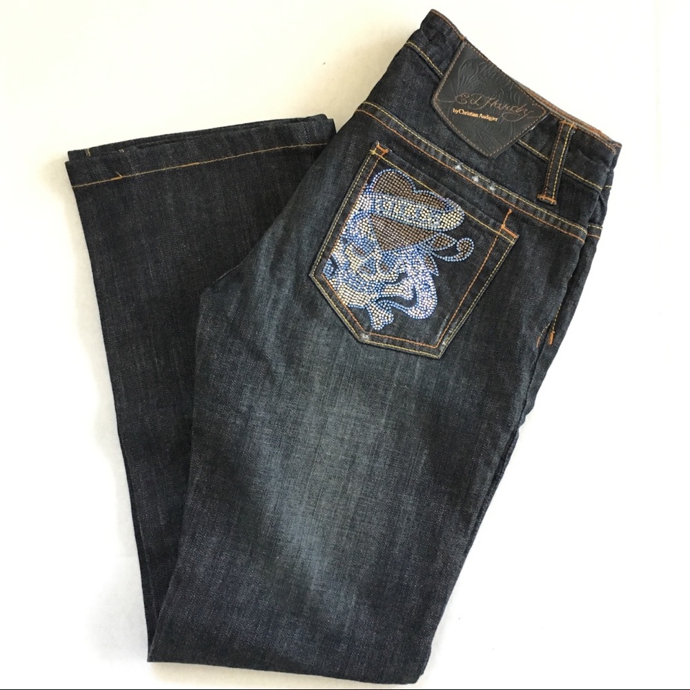 Ed Hardy Sparkly Purple Heart & Skull Jeans